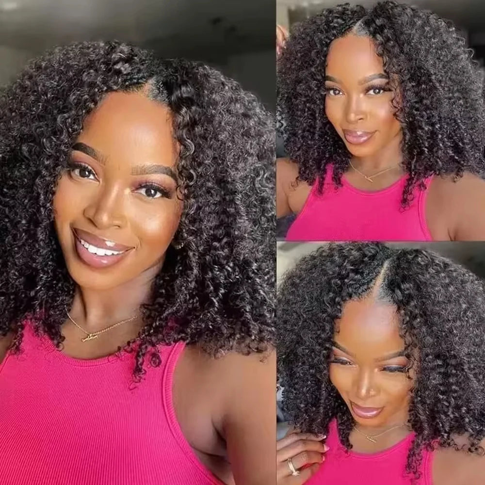 200 Density Afro Kinky Curly V Part Wigs Human Hair No Leave Out Kinky Curly V Part Wig For Black Women No Glue Clip In Half Wig