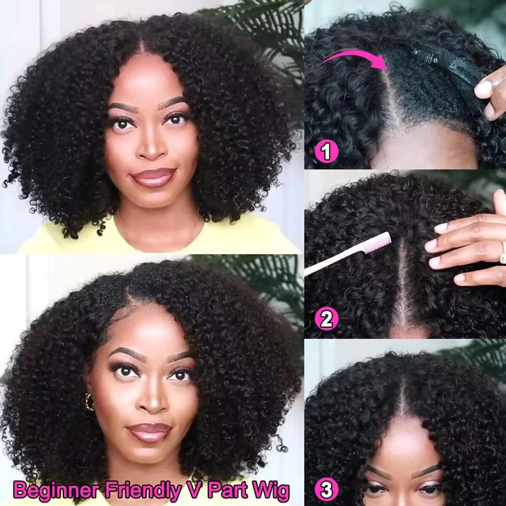 200 Density Afro Kinky Curly V Part Wigs Human Hair No Leave Out Kinky Curly V Part Wig For Black Women No Glue Clip In Half Wig